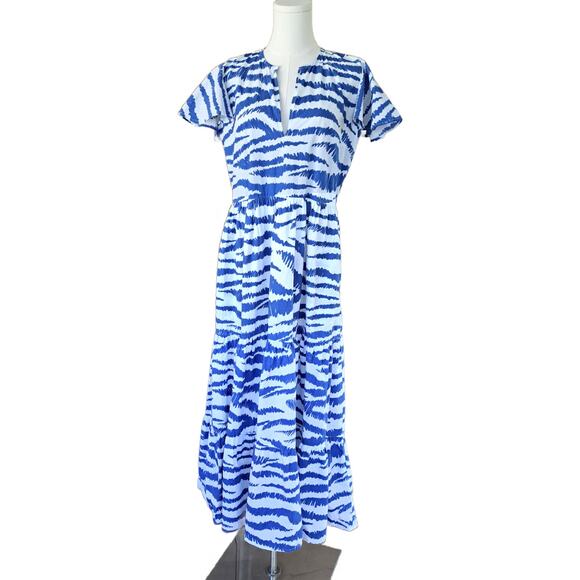 OLIPHANT Dipsy V-Neck Maxi Dress Small Singita Blue White Tiered Flutter Sleeve - Picture 2 of 12
